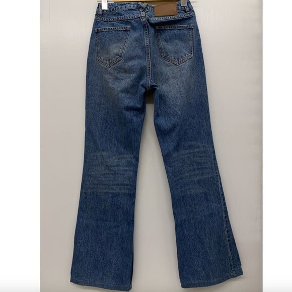 New Fax Copy Express Slim Flared Leg Dirty Blue Wash Jeans Size S - Picture 3 of 9